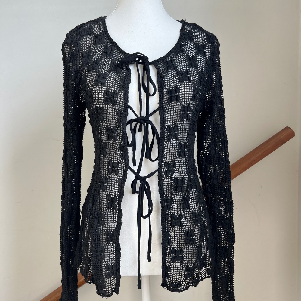 Free People Julie Knit Top Tie Front Cardigan M Black Crochet Mesh Pointelle